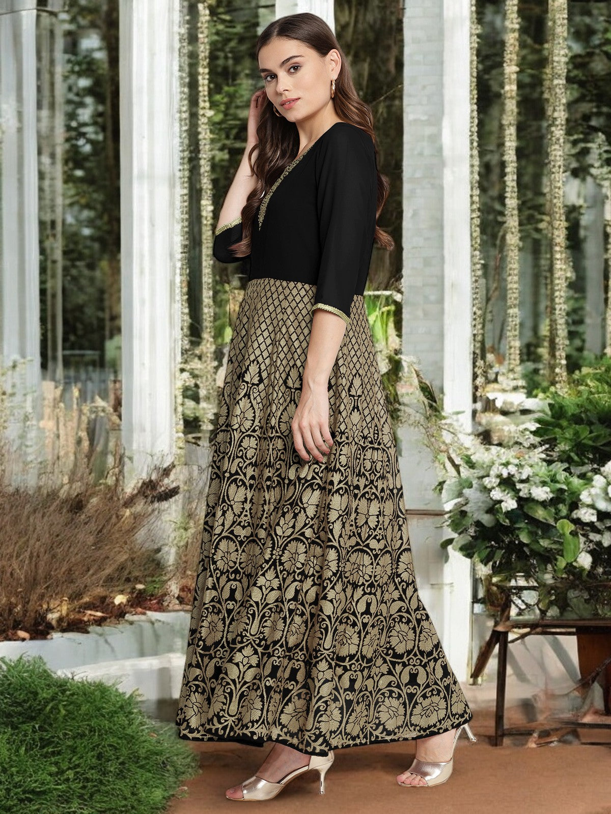 Black Georgette Gold Foil Print Flared Kurta with Dupatta