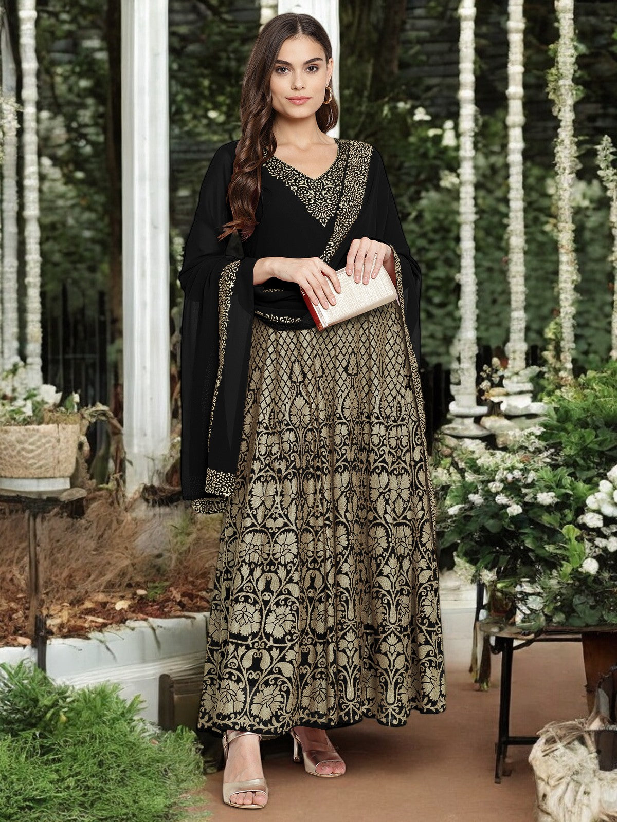 Black Georgette Gold Foil Print Flared Kurta with Dupatta