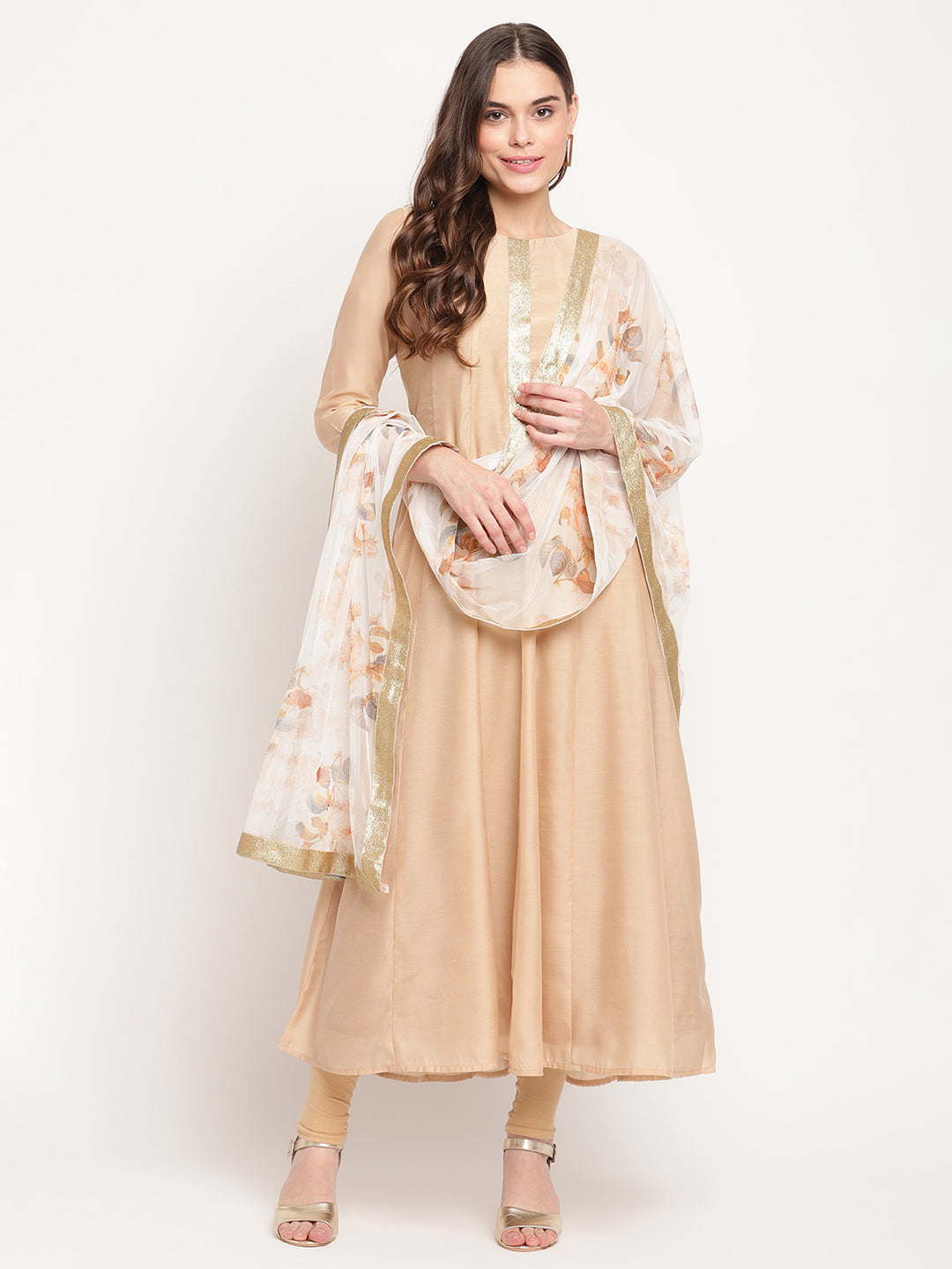 Beige & Off-White Anarkali Kurta with Printed Dupatta