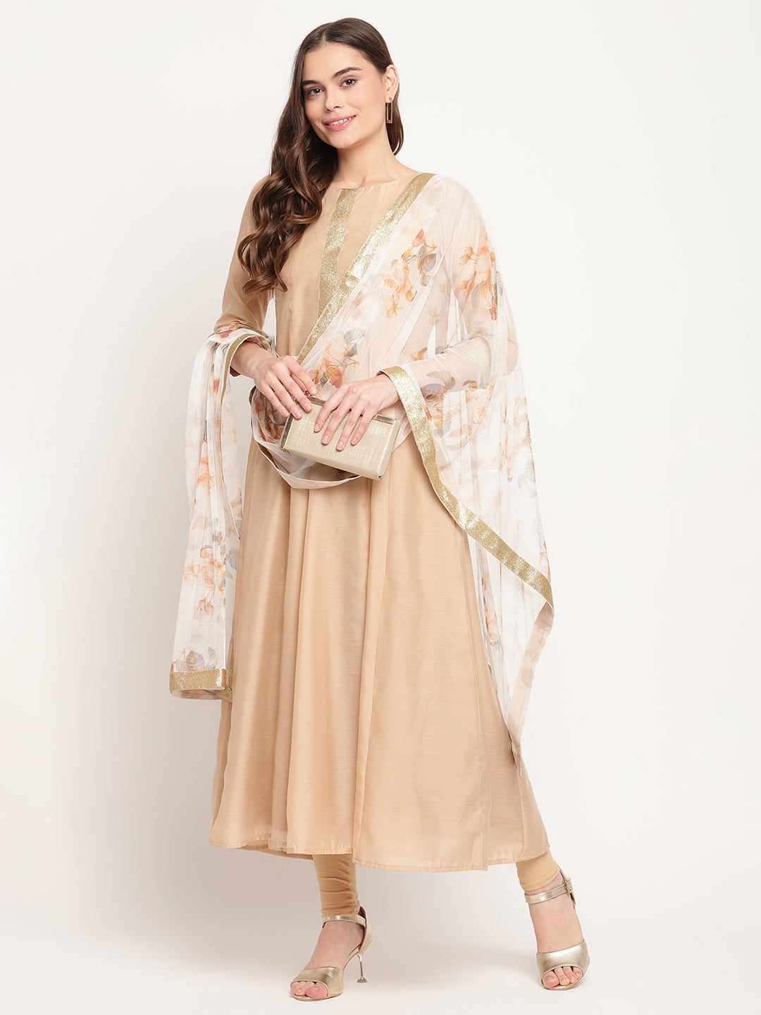 Beige & Off-White Anarkali Kurta with Printed Dupatta