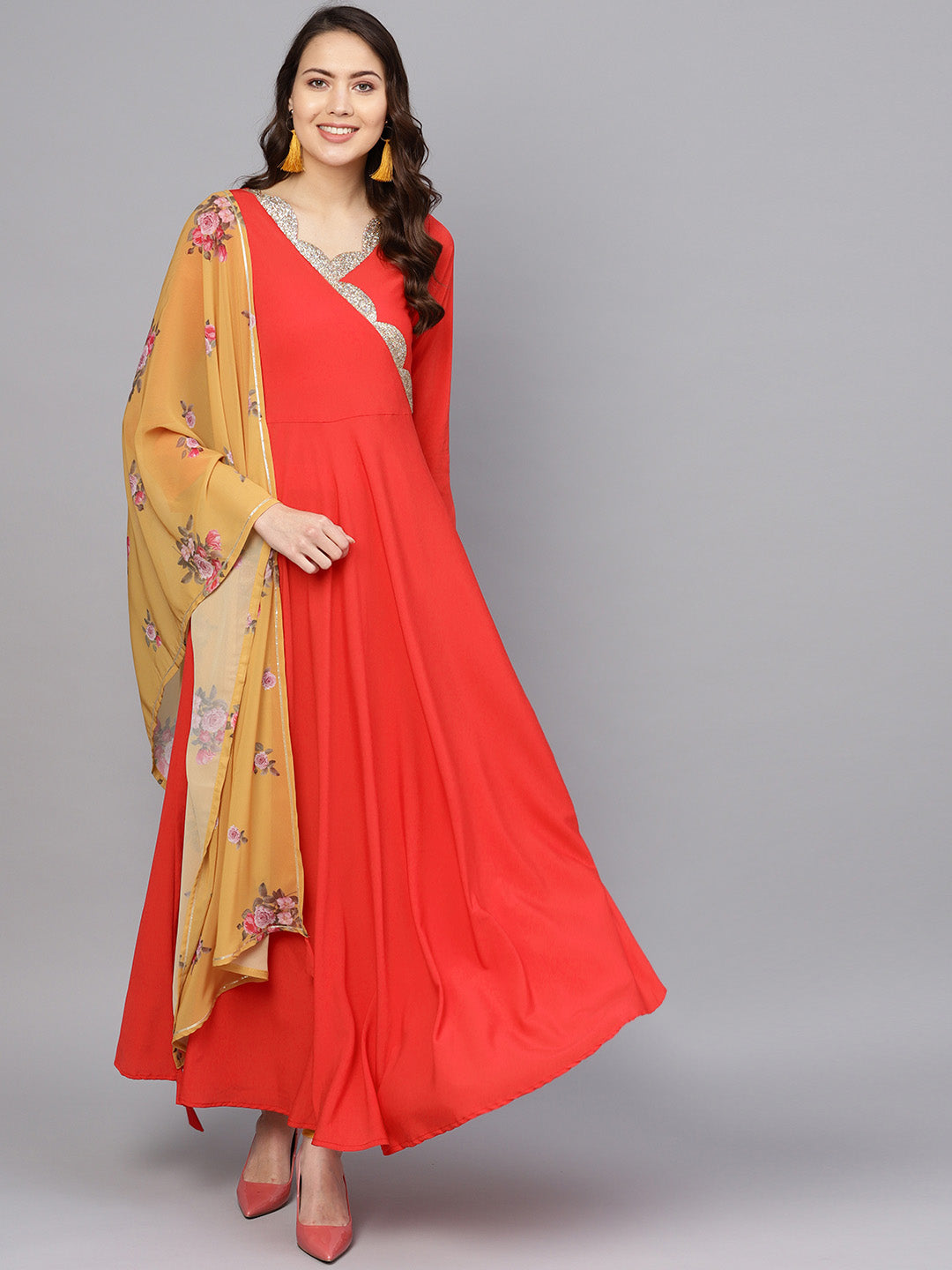 Red Solid Angrakha A-Line Dress with Dupatta