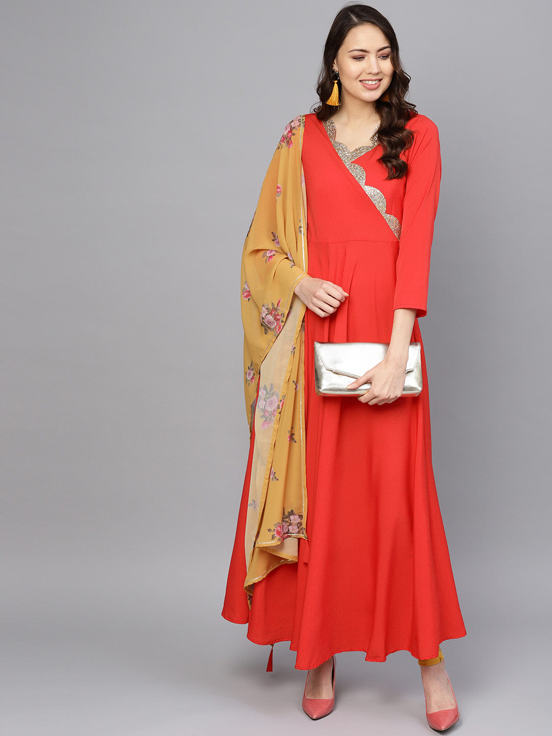 Red Solid Angrakha A-Line Dress with Dupatta