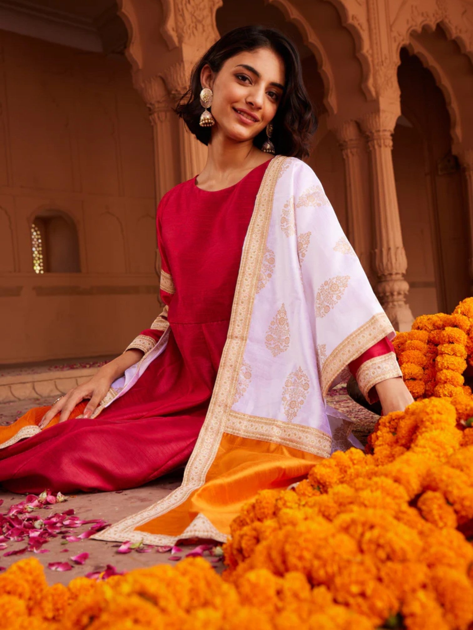Red Solid Anarkali Kurta With Printed Dupatta