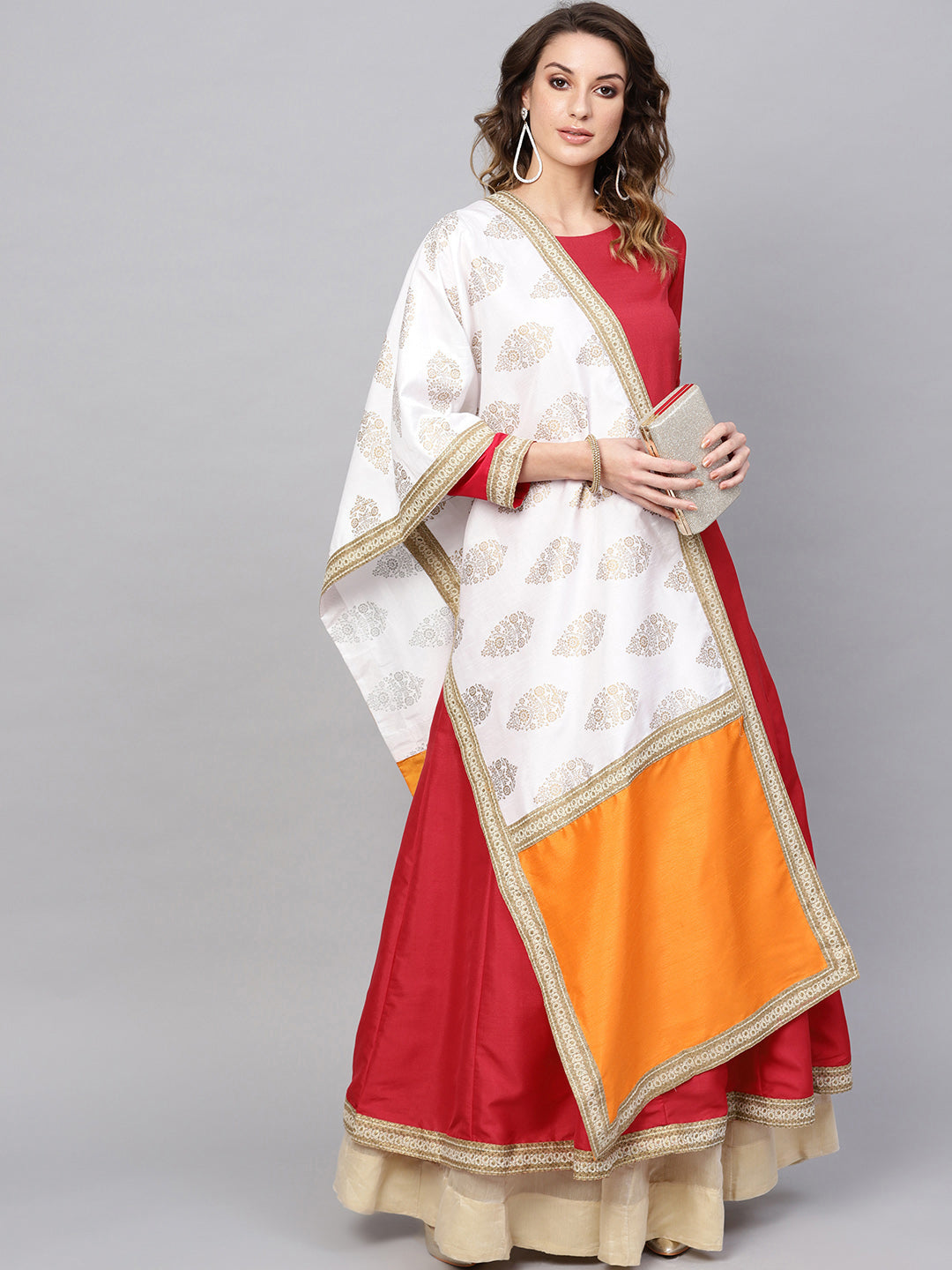 Red Solid Anarkali Kurta With Printed Dupatta