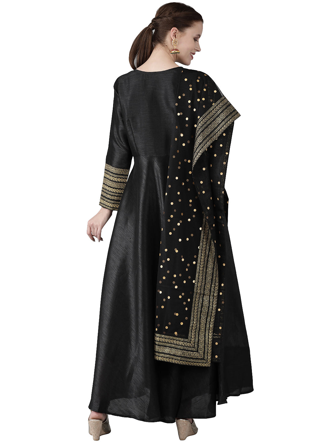 Black Solid Dress with Printed Dupatta Set