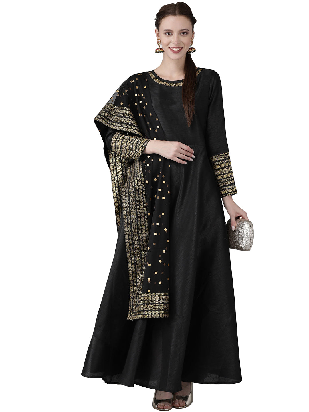 Black Solid Dress with Printed Dupatta Set