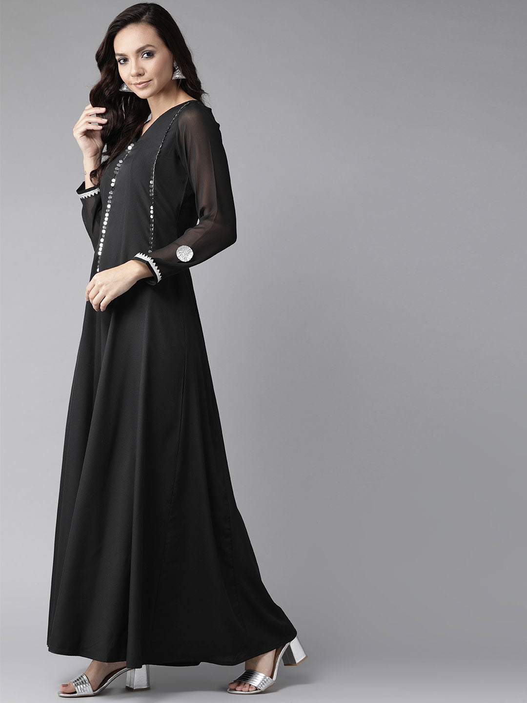 Black Solid Maxi Dress With Dupatta