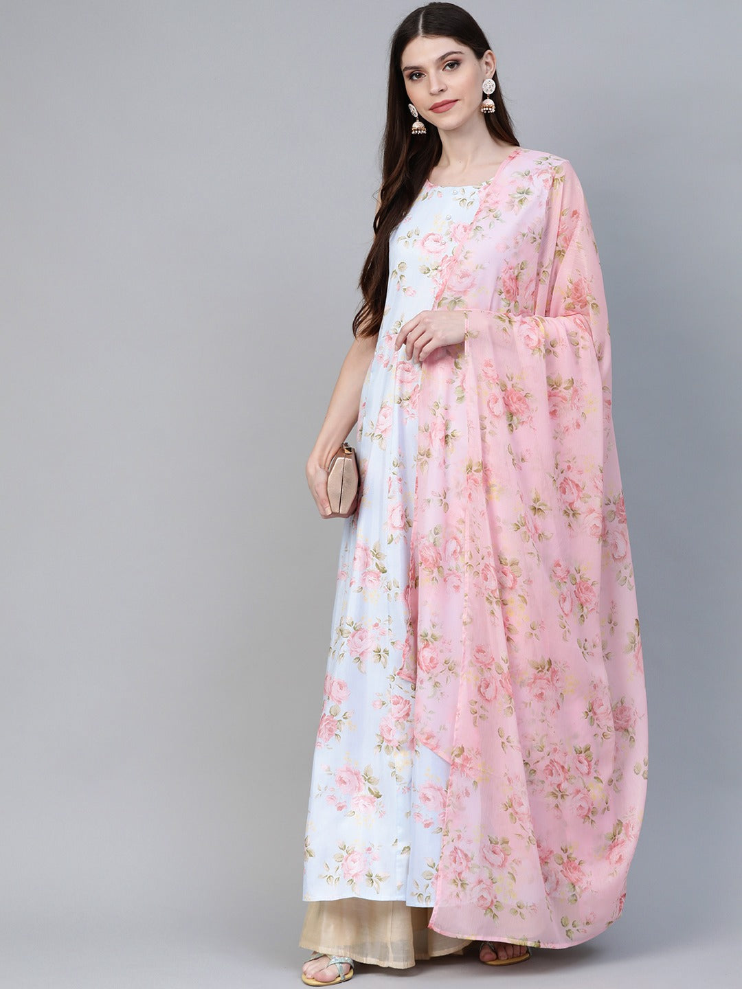 Blue & Pink Floral Printed Anarkali Kurta with Dupatta
