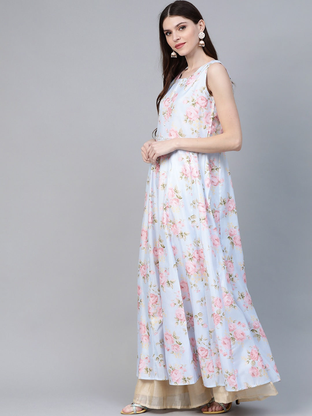 Blue & Pink Floral Printed Anarkali Kurta with Dupatta