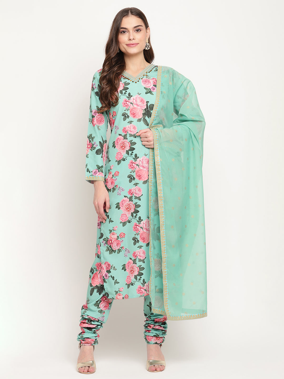 Green Floral Printed Kurta with Churidar & With Dupatta