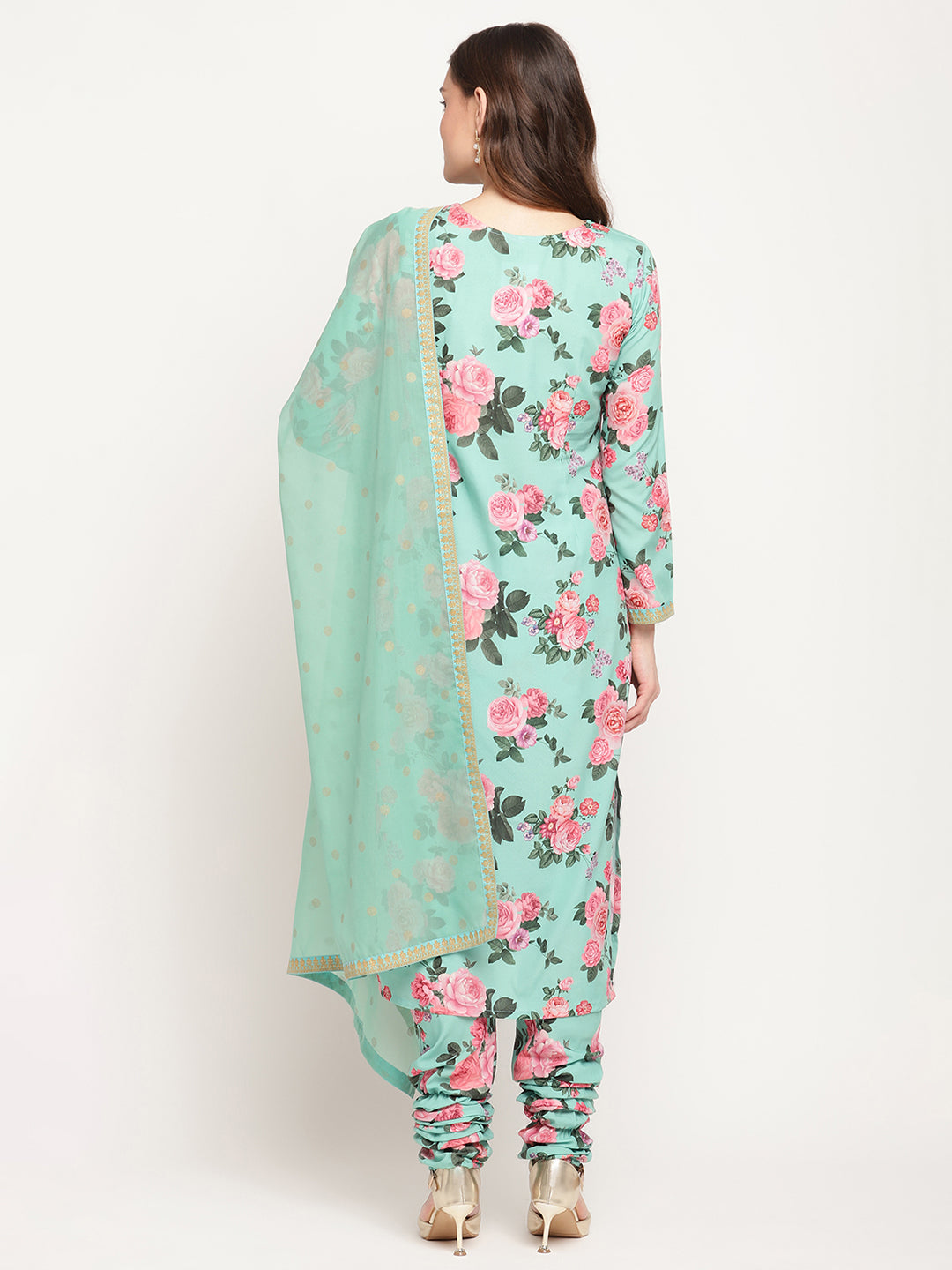 Green Floral Printed Kurta with Churidar & With Dupatta