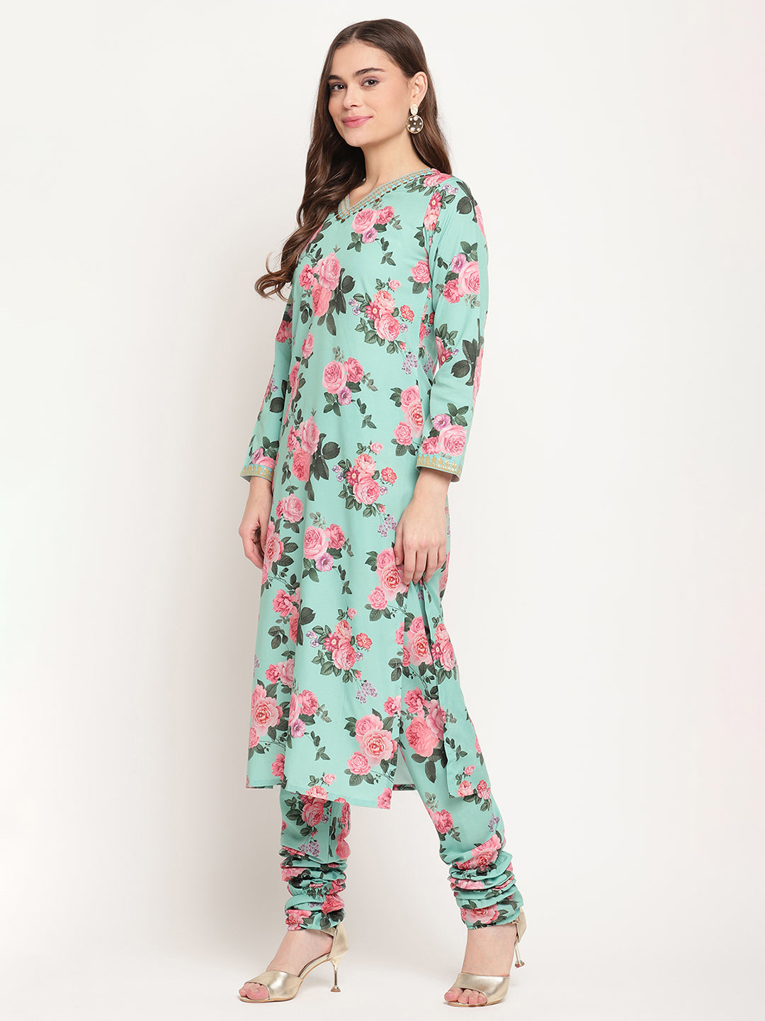 Green Floral Printed Kurta with Churidar & With Dupatta