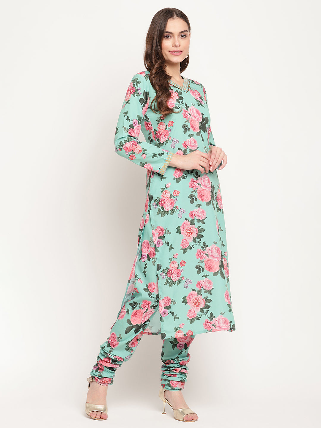 Green Floral Printed Kurta with Churidar & With Dupatta