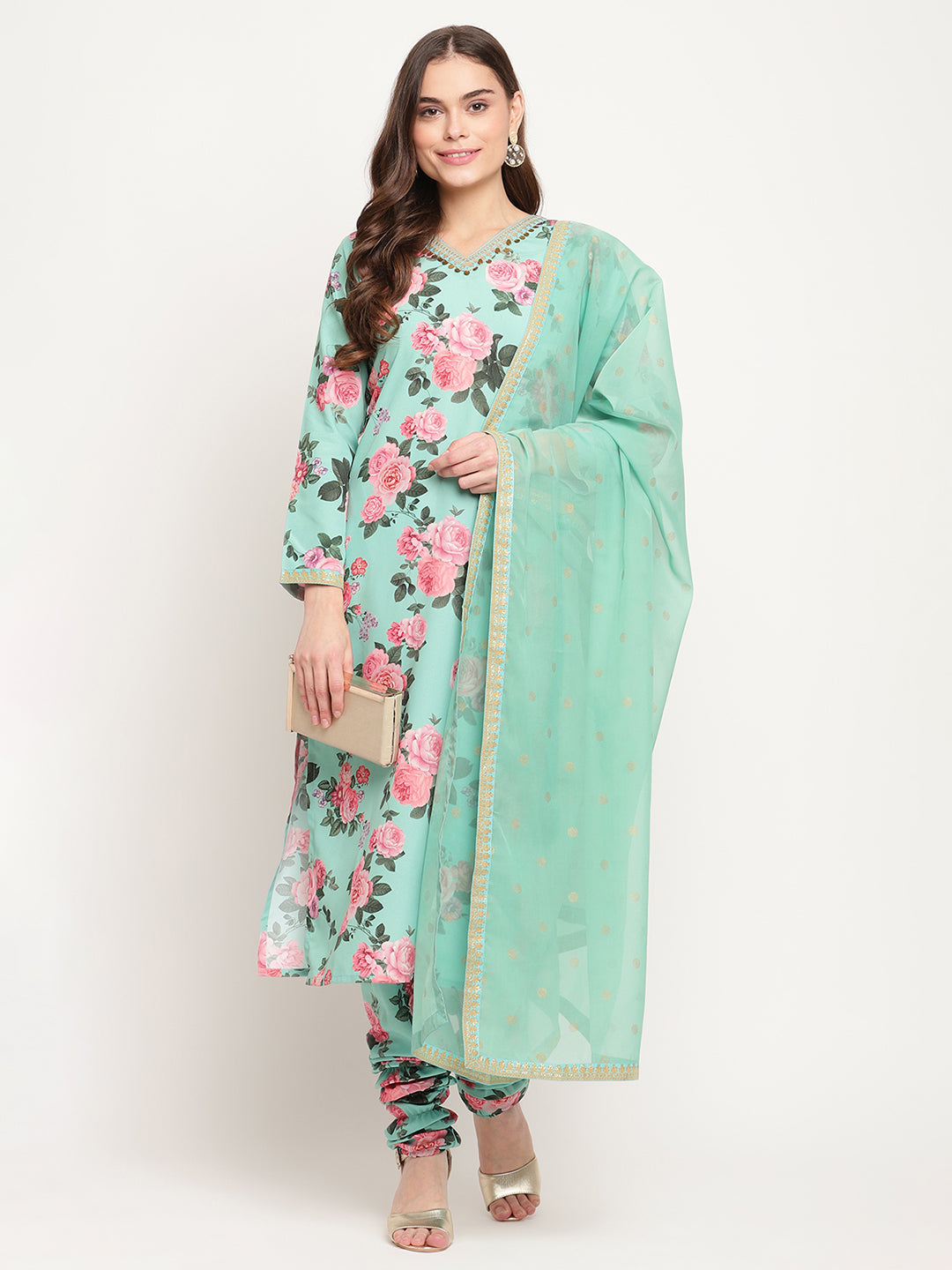 Green Floral Printed Kurta with Churidar & With Dupatta