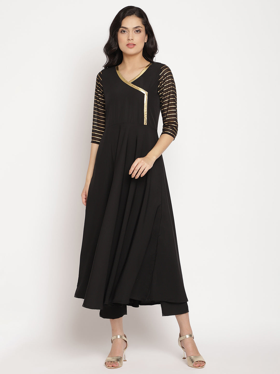 Black Printed Angrakha Kurta with Trousers & With Dupatta