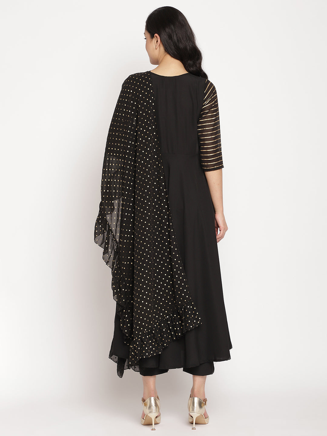 Black Printed Angrakha Kurta with Trousers & With Dupatta