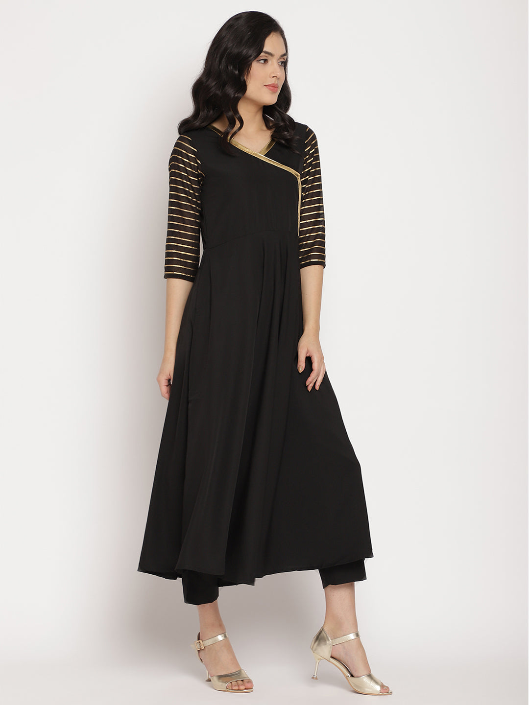 Black Printed Angrakha Kurta with Trousers & With Dupatta