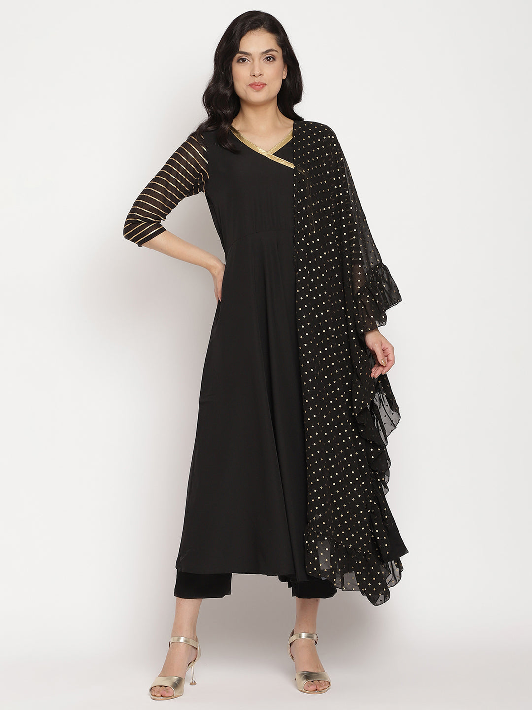 Black Printed Angrakha Kurta with Trousers & With Dupatta