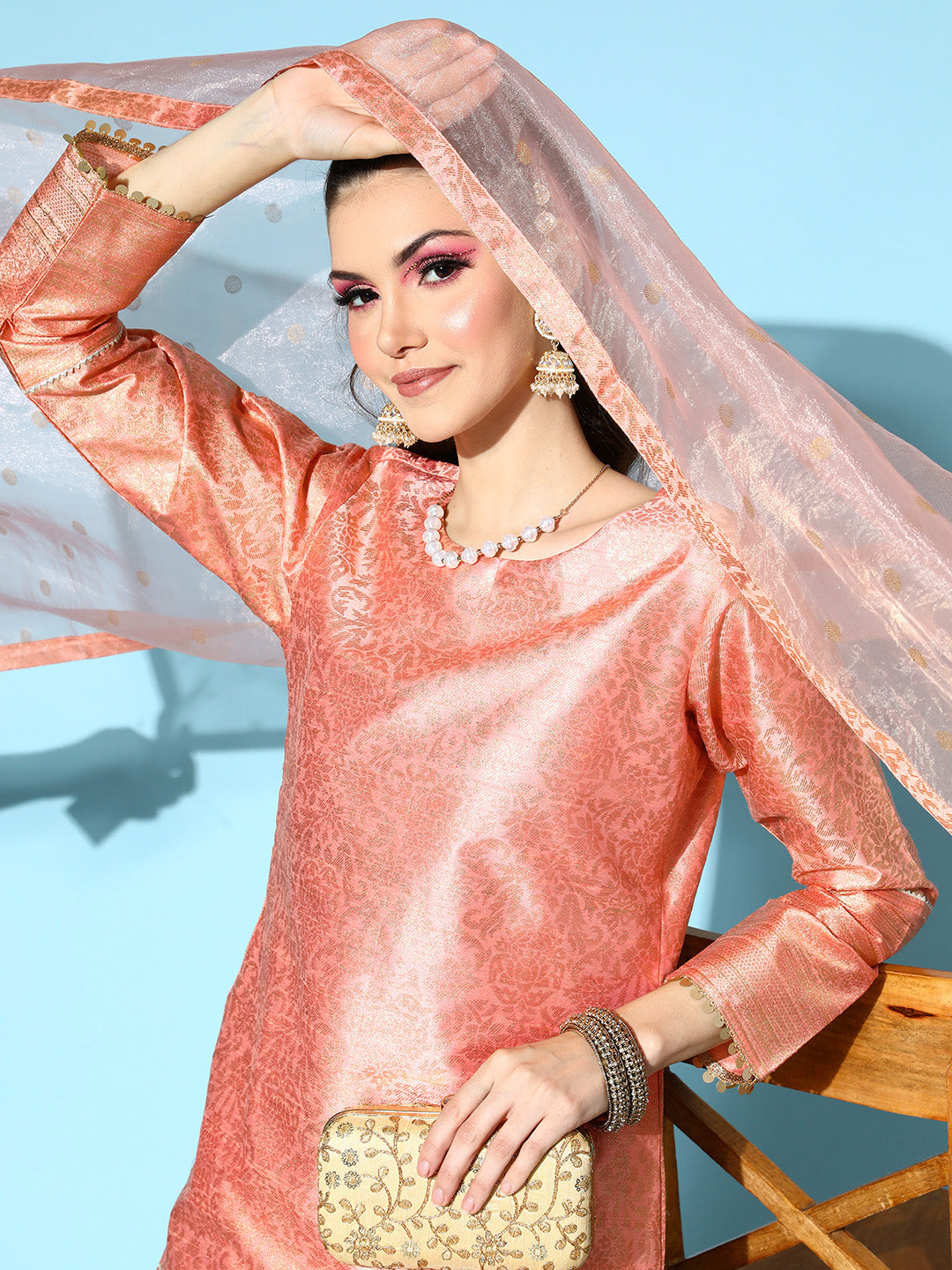 Peach Floral Metallic Print Poly-Silk Kurta Set