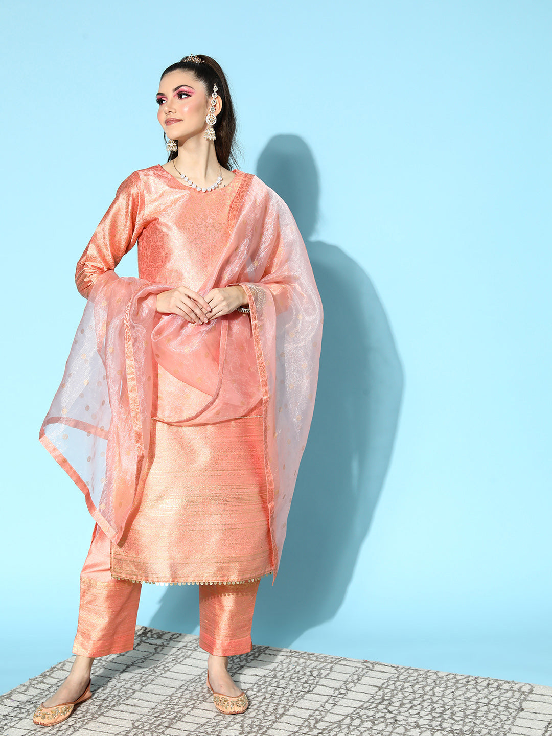 Peach Floral Metallic Print Poly-Silk Kurta Set