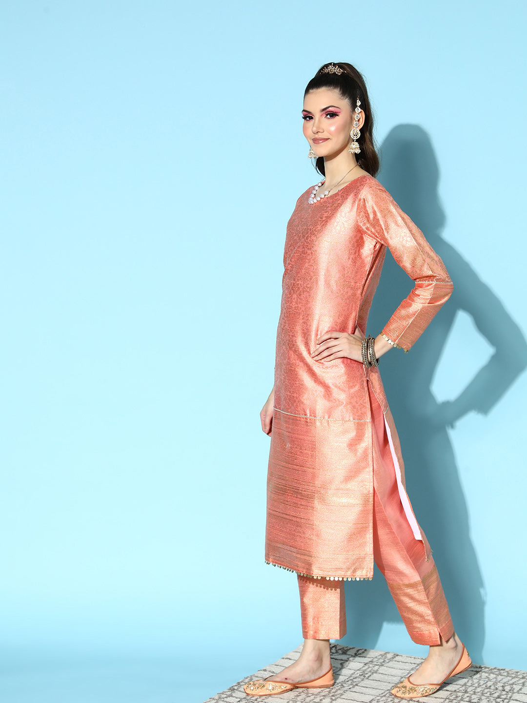 Peach Floral Metallic Print Poly-Silk Kurta Set