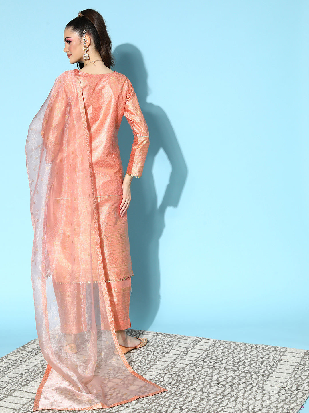 Peach Floral Metallic Print Poly-Silk Kurta Set