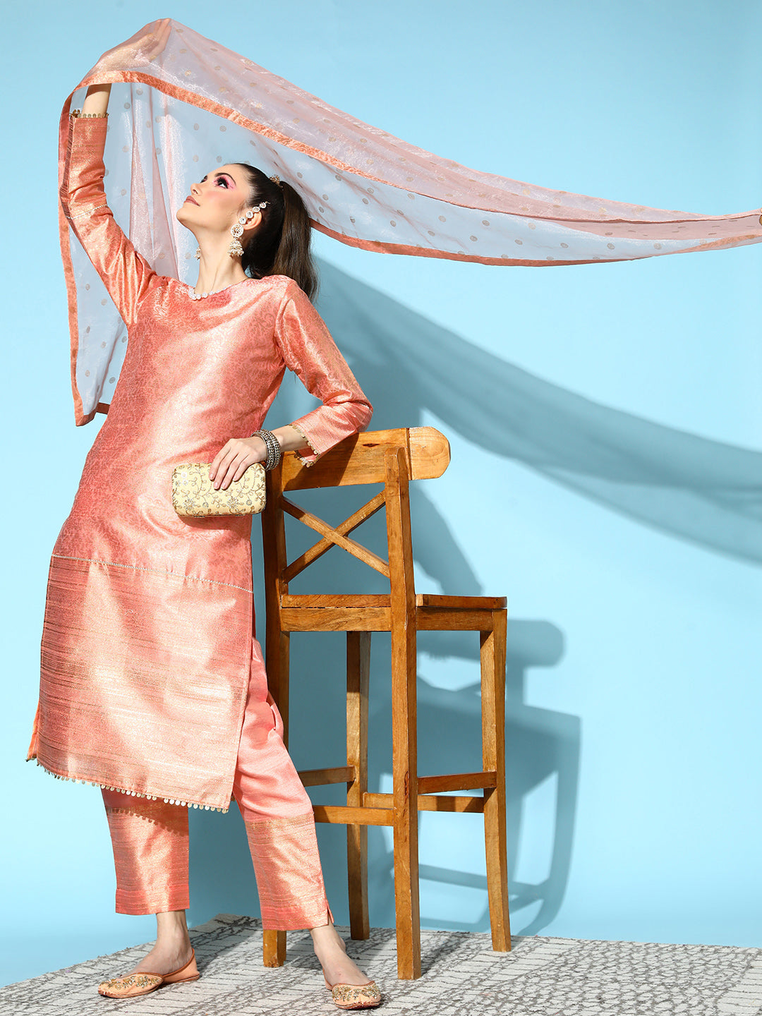 Peach Floral Metallic Print Poly-Silk Kurta Set