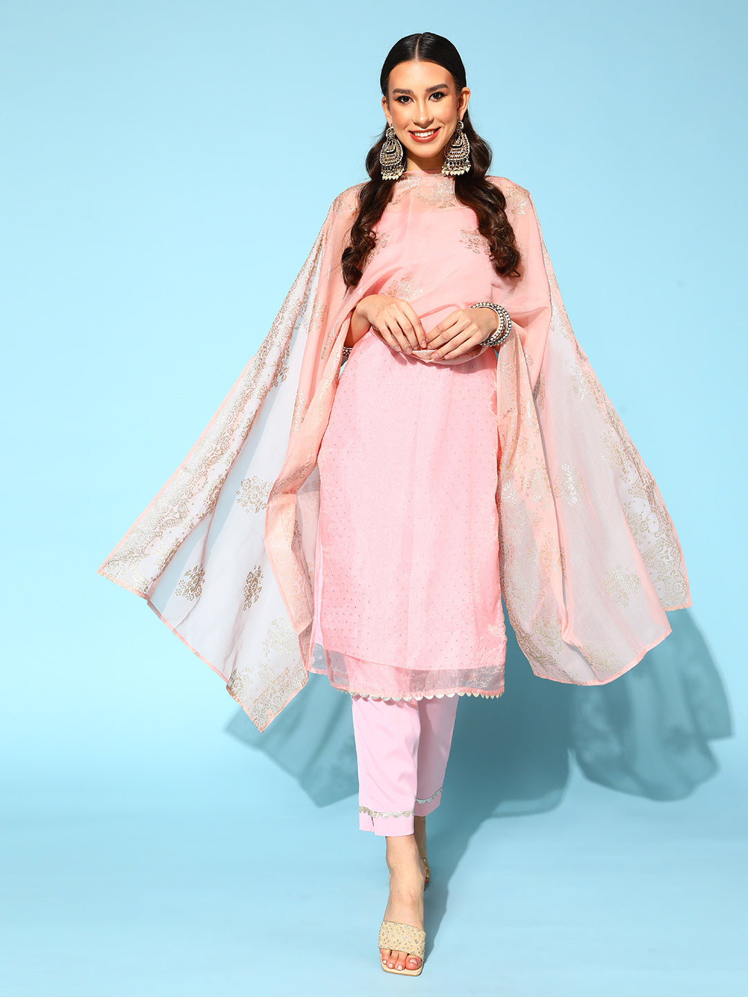 Pink Polka Dot Organza Top to Toe Fusion Kurta Set-AH
