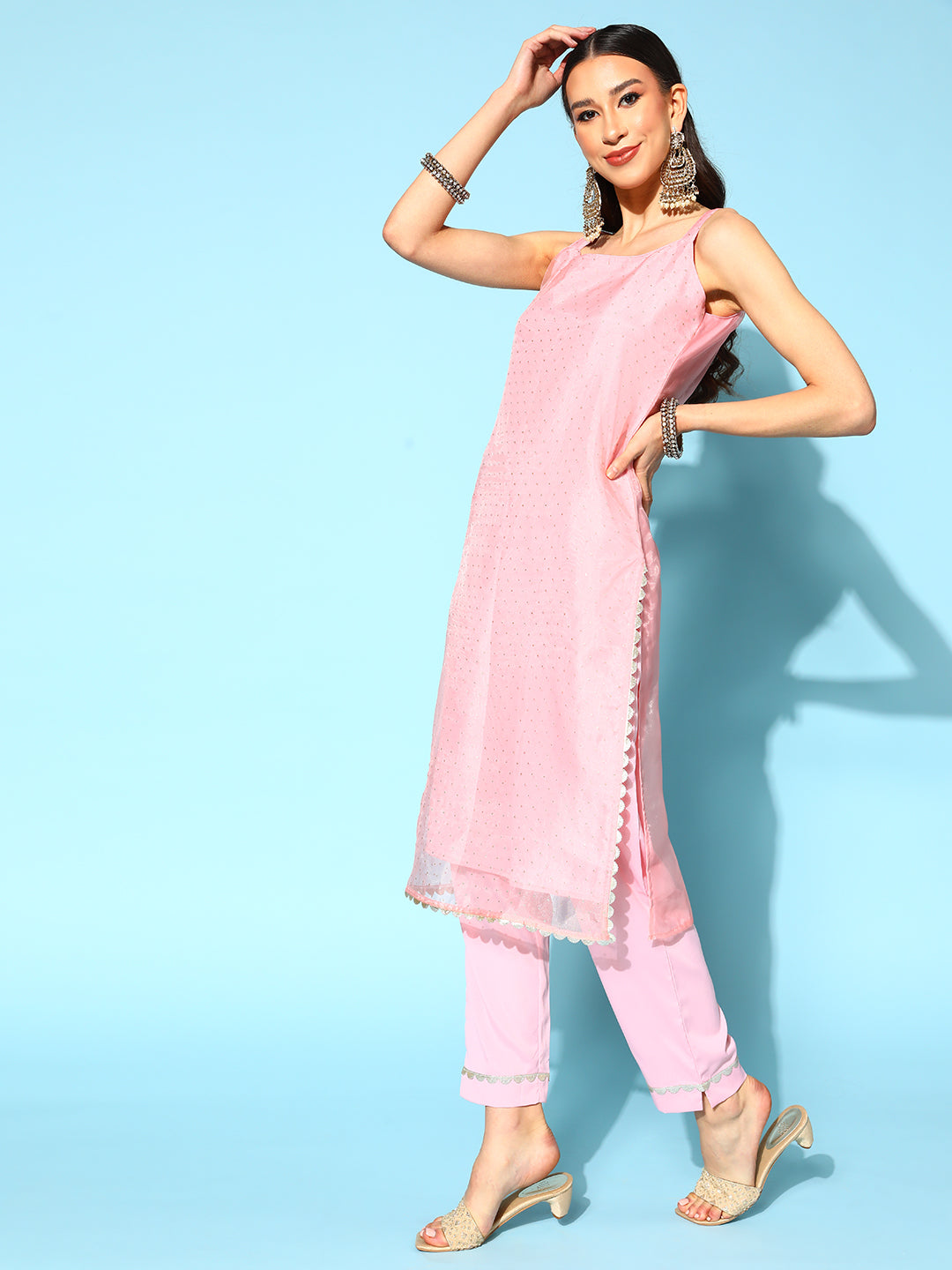 Pink Polka Dot Organza Top to Toe Fusion Kurta Set-AH