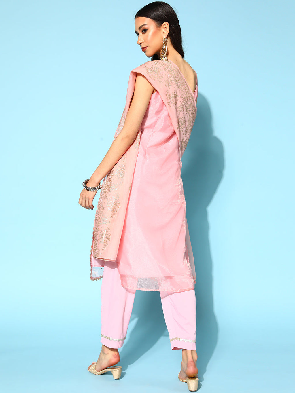 Pink Polka Dot Organza Top to Toe Fusion Kurta Set-AH