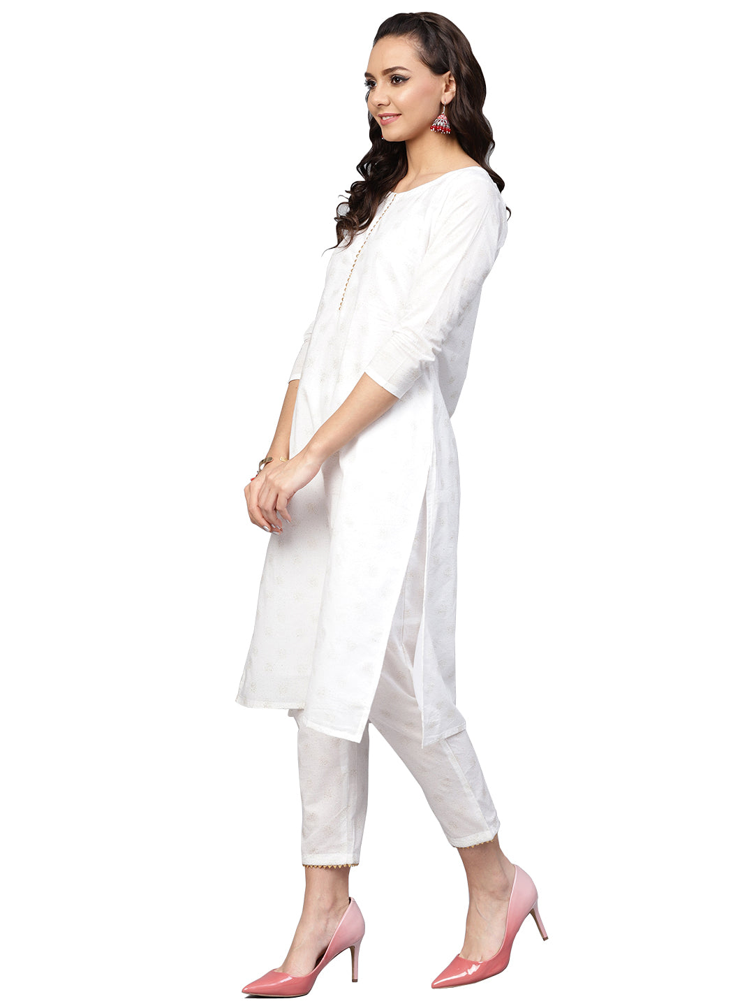 White & Gold Printed Straight Cotton Kurta Sets