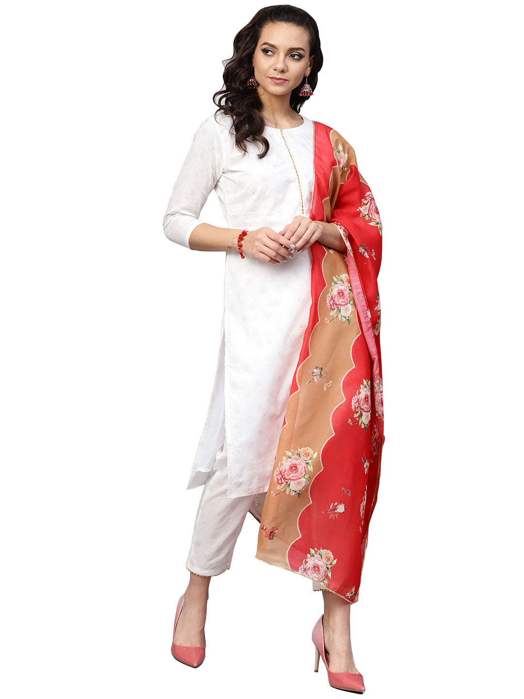 White & Gold Printed Straight Cotton Kurta Sets