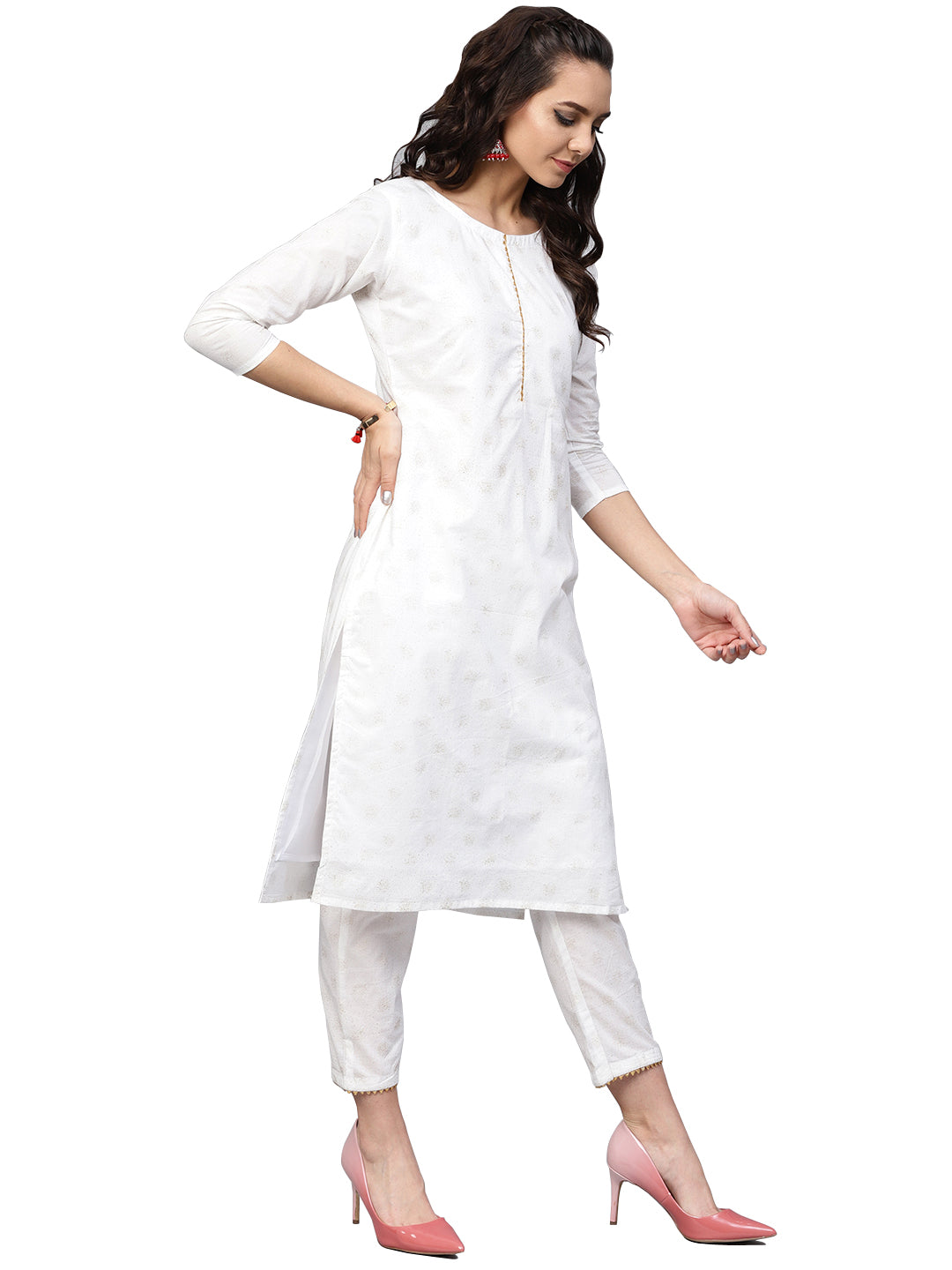 White & Gold Printed Straight Cotton Kurta Sets