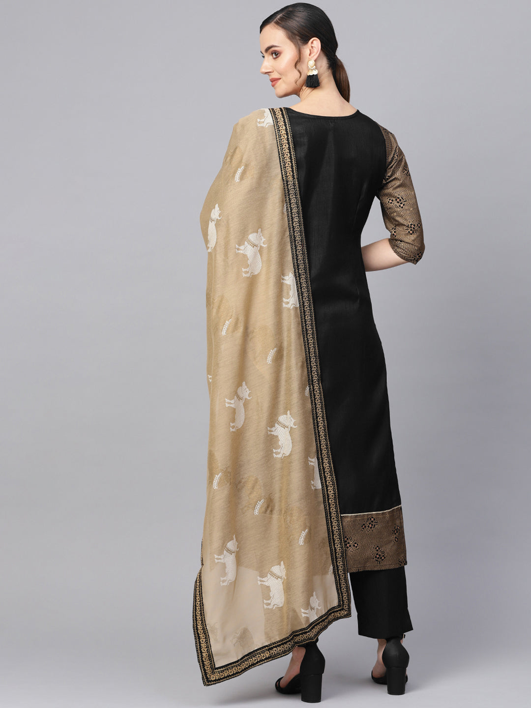 Black Solid Kurta with Trousers & Dupatta