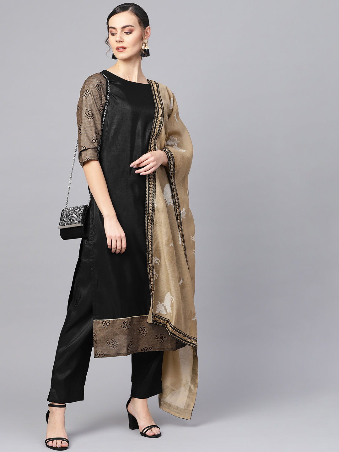 Black Solid Kurta with Trousers & Dupatta