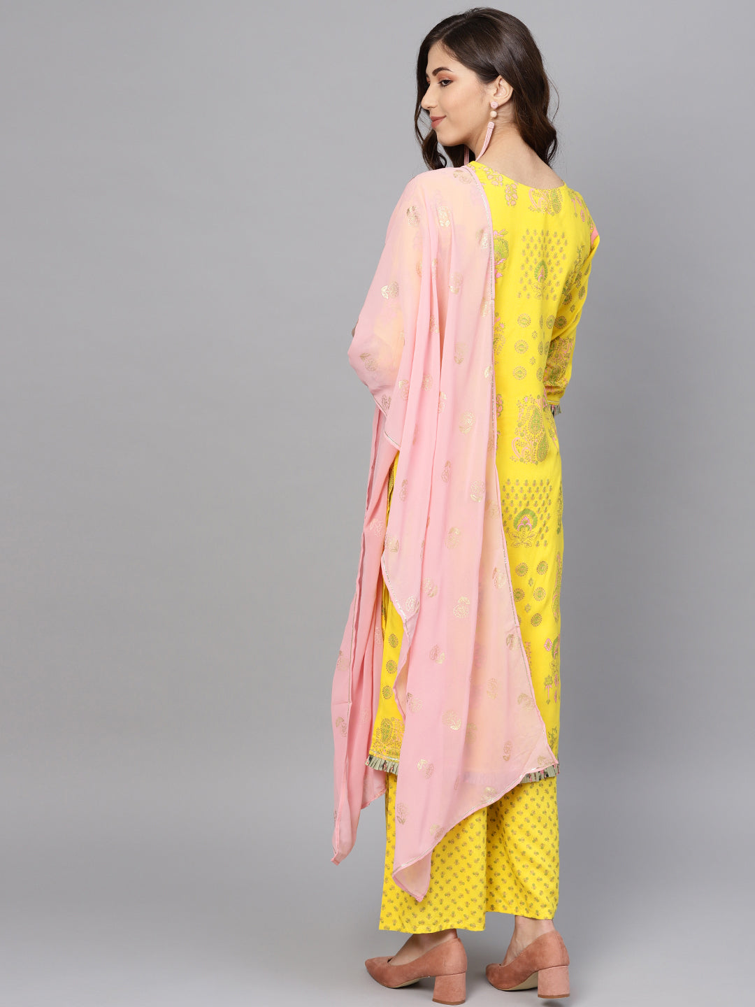 Yellow & Pink Printed Kurta with Palazzos & Dupatta