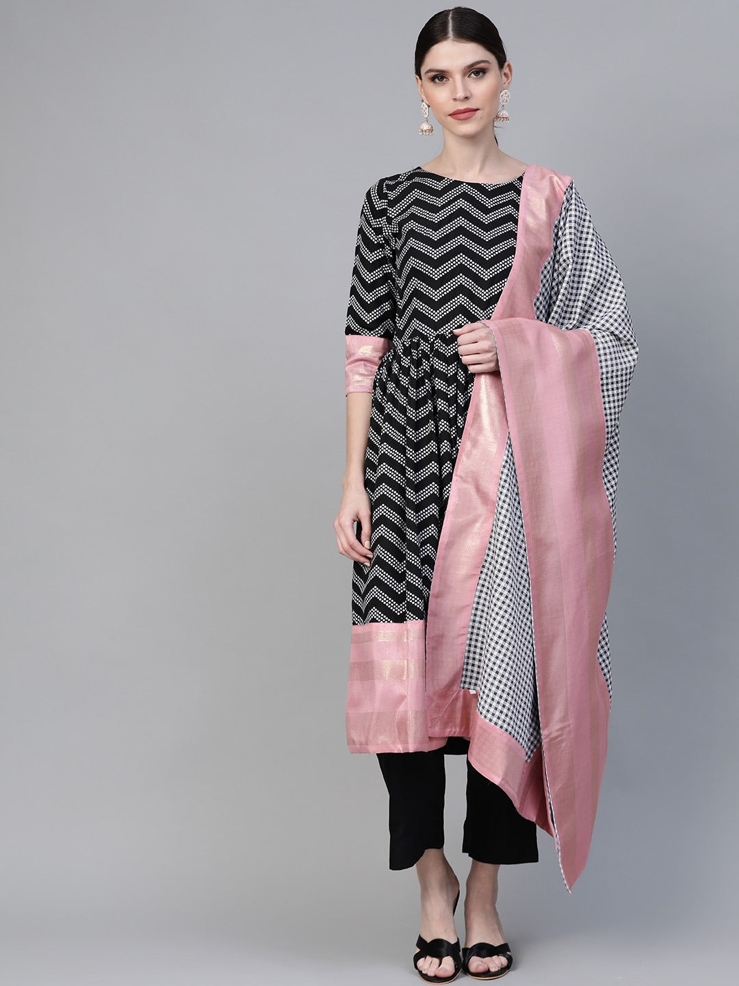 Black & White Polka Dots Chevron Printed Kurta with Trousers & Dupatta