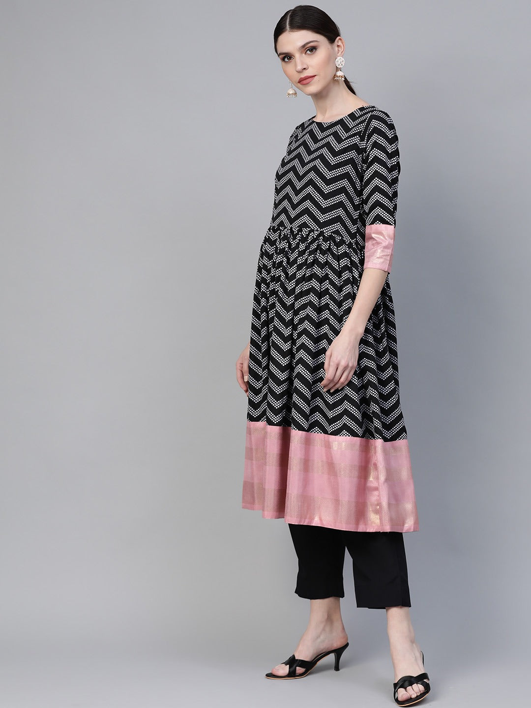 Black & White Polka Dots Chevron Printed Kurta with Trousers & Dupatta