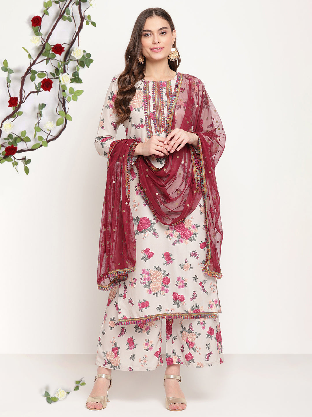 Beige Floral Printed Regular Gotta Patti Kurta with Palazzos & With Dupatta