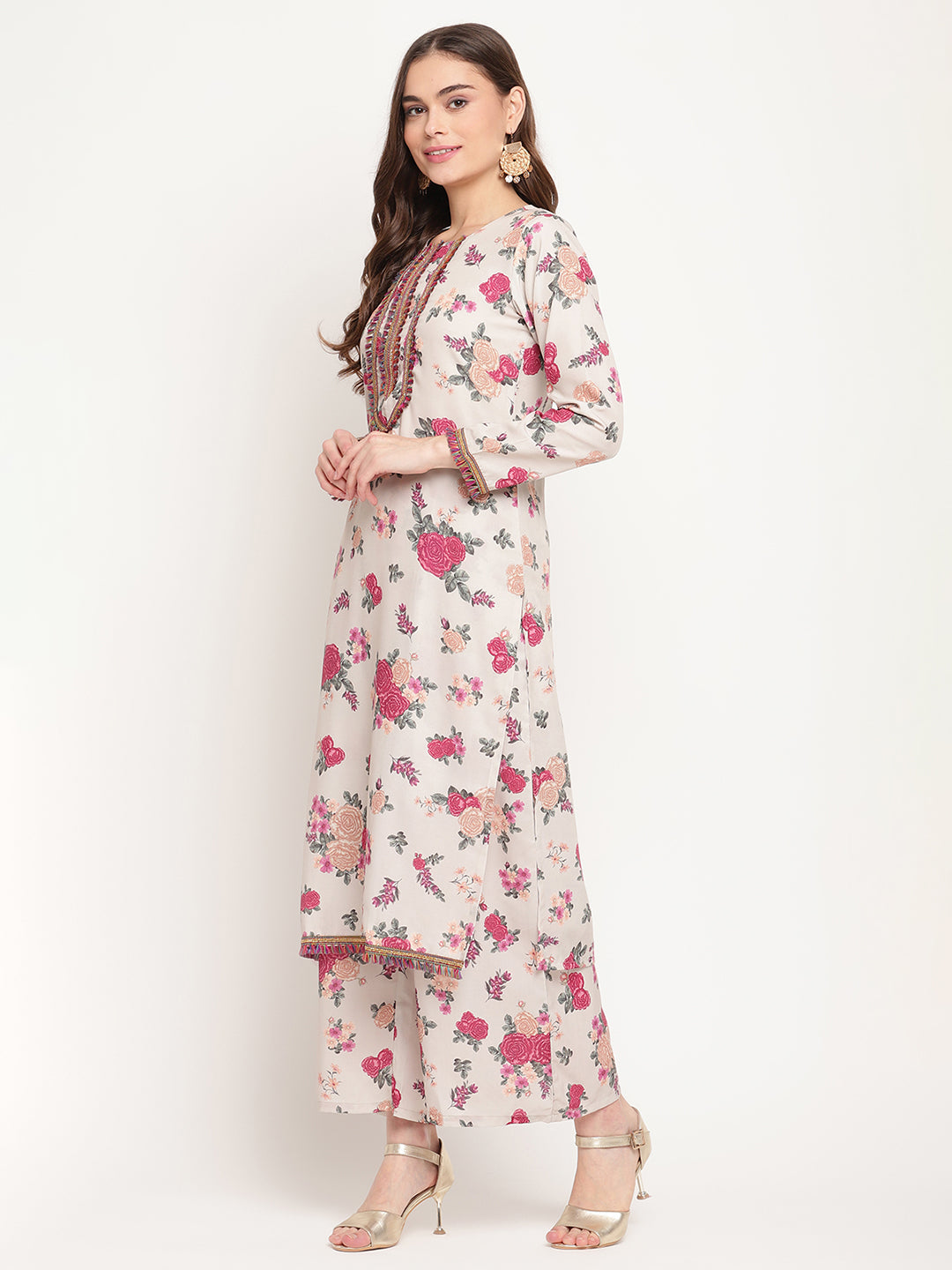 Beige Floral Printed Embellished Straight Kurta