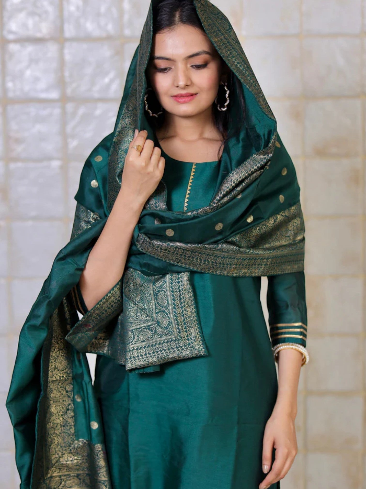 Dark Green Chanderi Solid Kurta With Palazzo And Dupatta Set