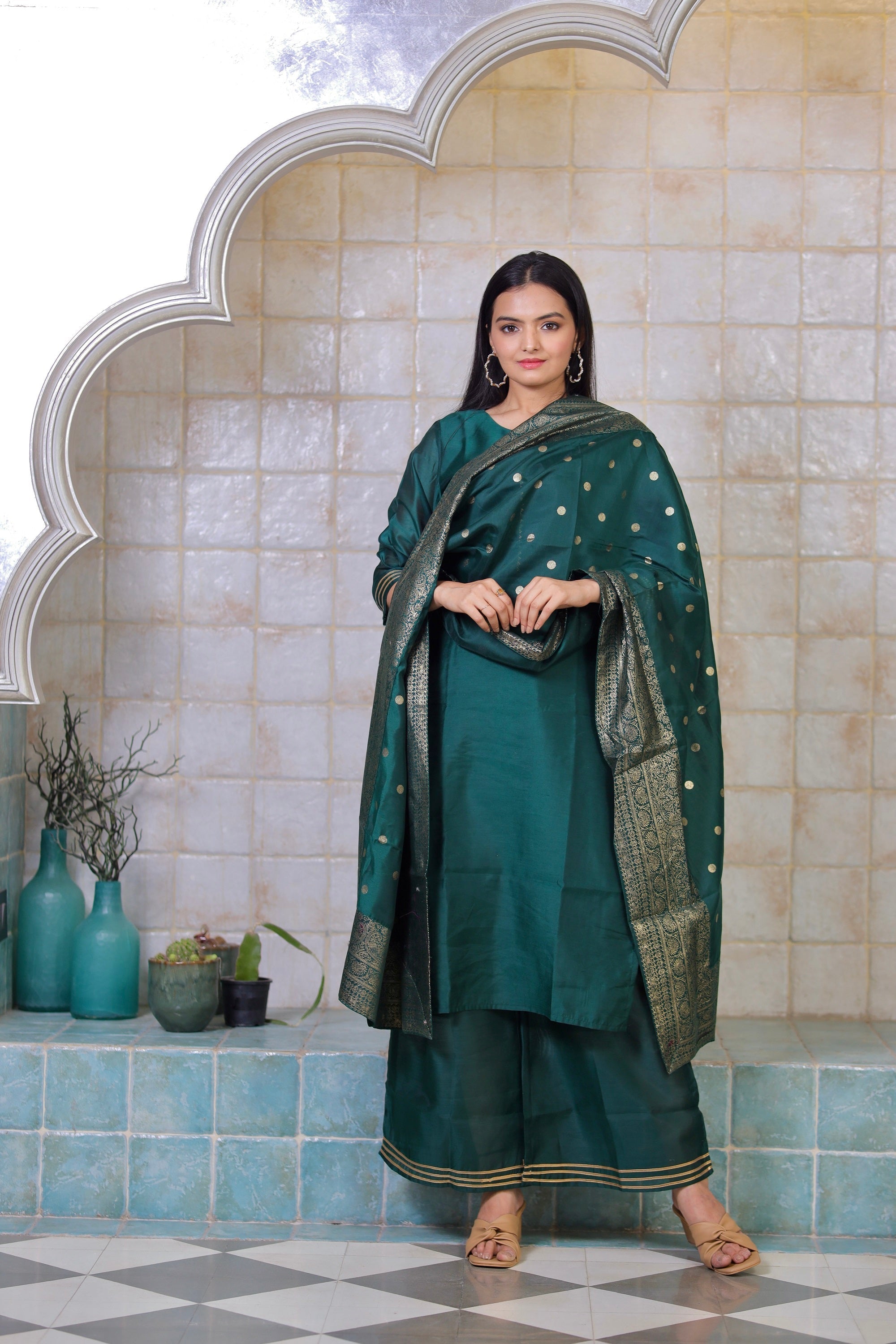 Dark Green Chanderi Solid Kurta With Palazzo And Dupatta Set