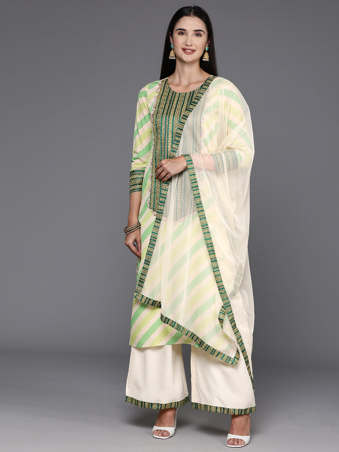 Ahalyaa Leheriya Printed Beads & Stones Kurta with Palazzos & Dupatta