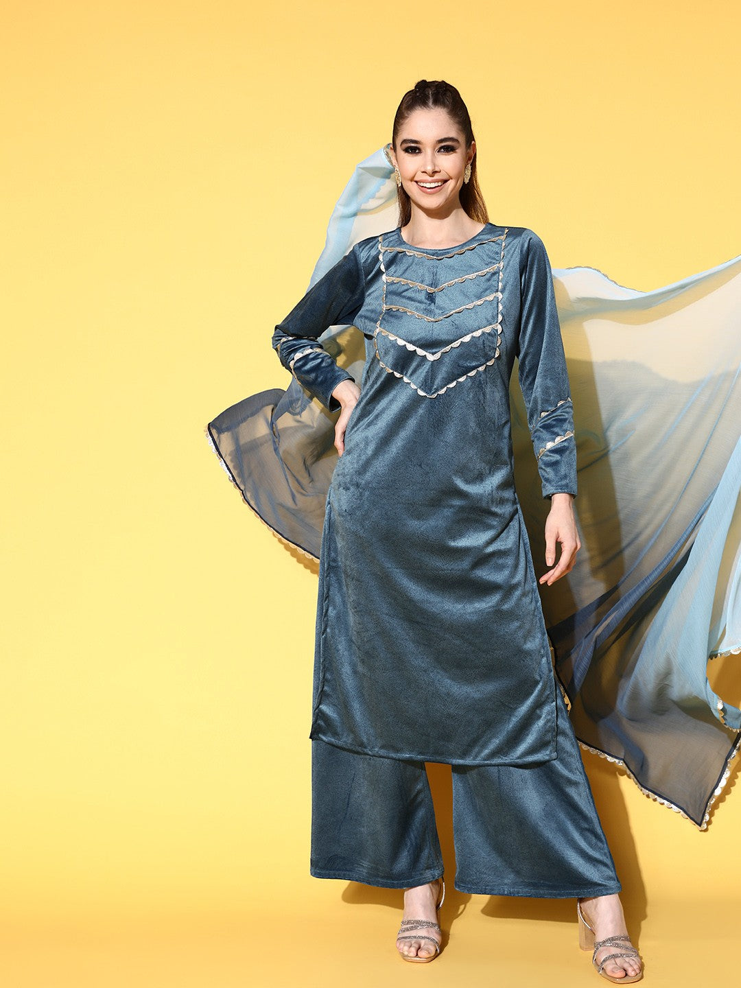 Turquoise Blue Textured Velvet Kurta with Palazzos & Dupatta