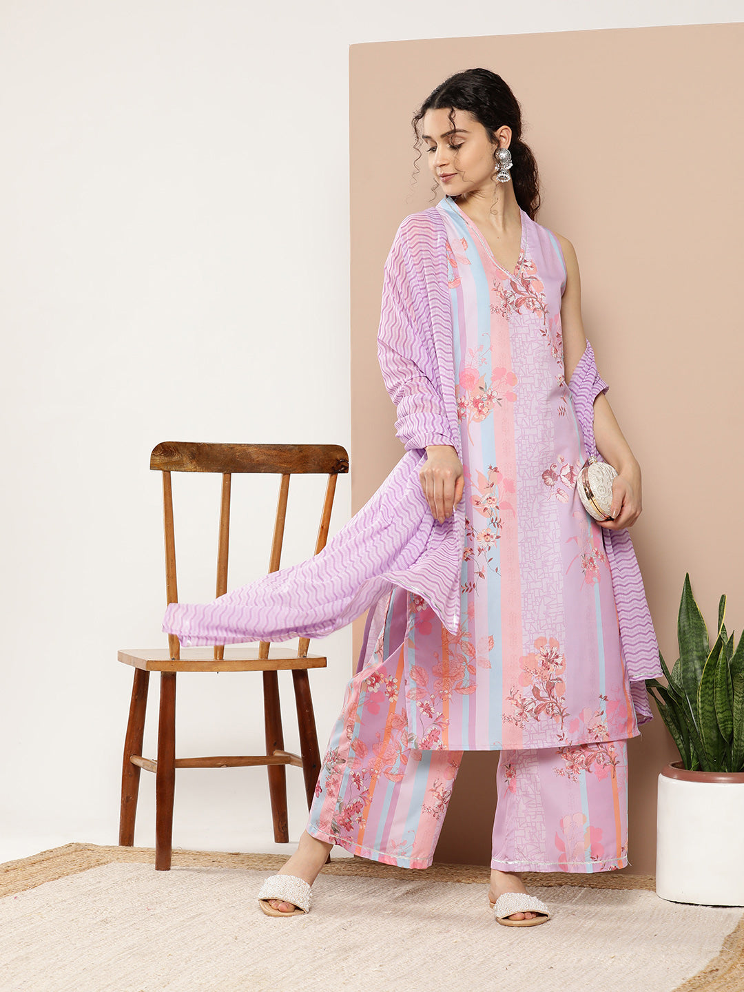 Lavender Floral Printed Gotta Patti Kurta with Palazzos & With Dupatta