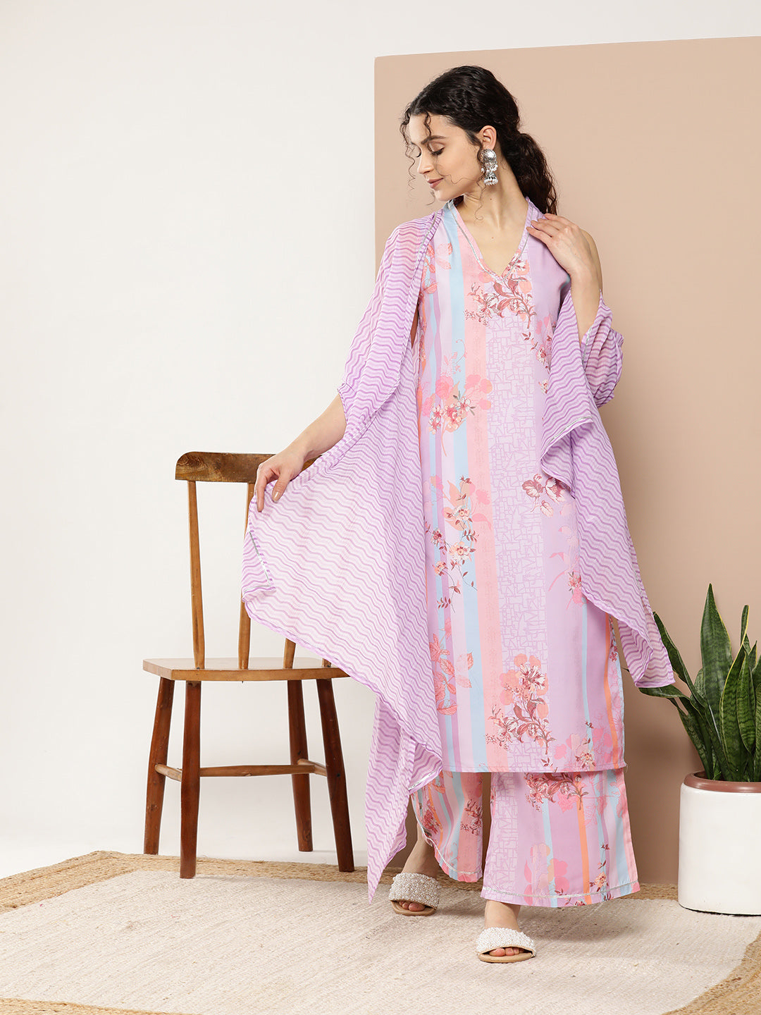 Lavender Floral Printed Gotta Patti Kurta with Palazzos & With Dupatta