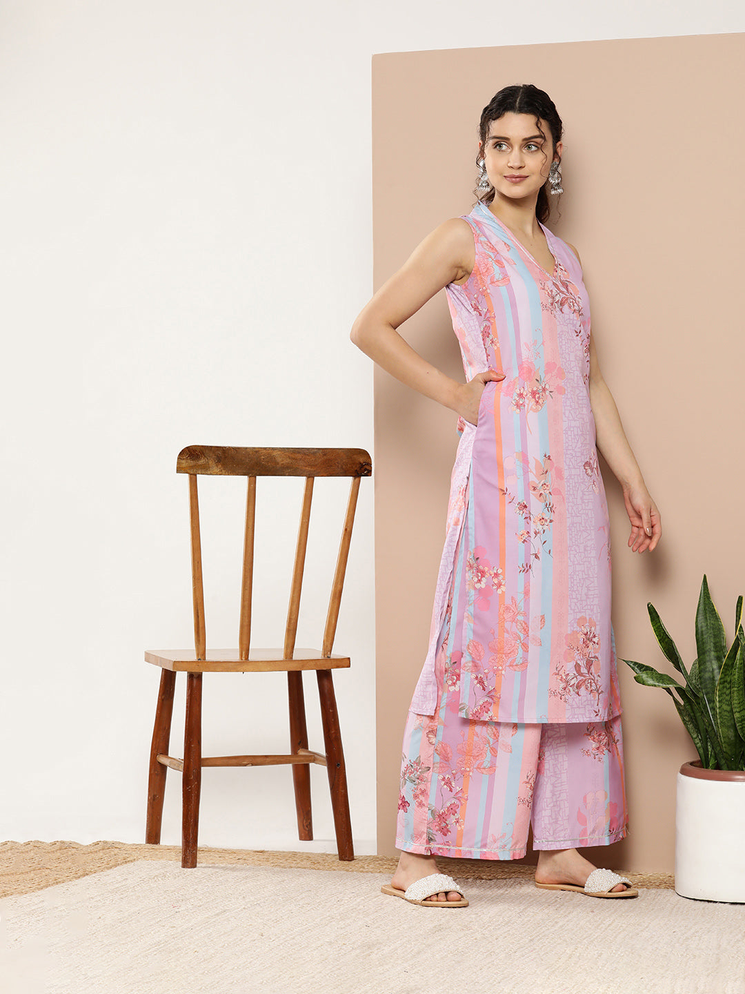 Lavender Floral Printed Gotta Patti Kurta with Palazzos & With Dupatta