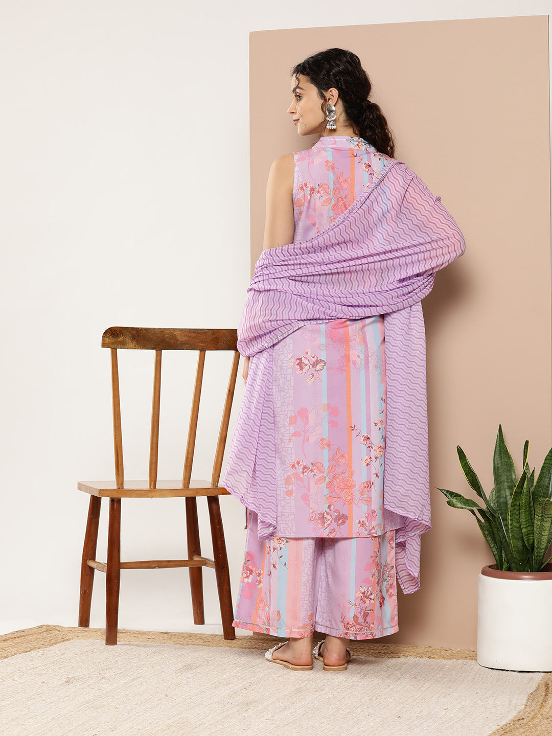 Lavender Floral Printed Gotta Patti Kurta with Palazzos & With Dupatta