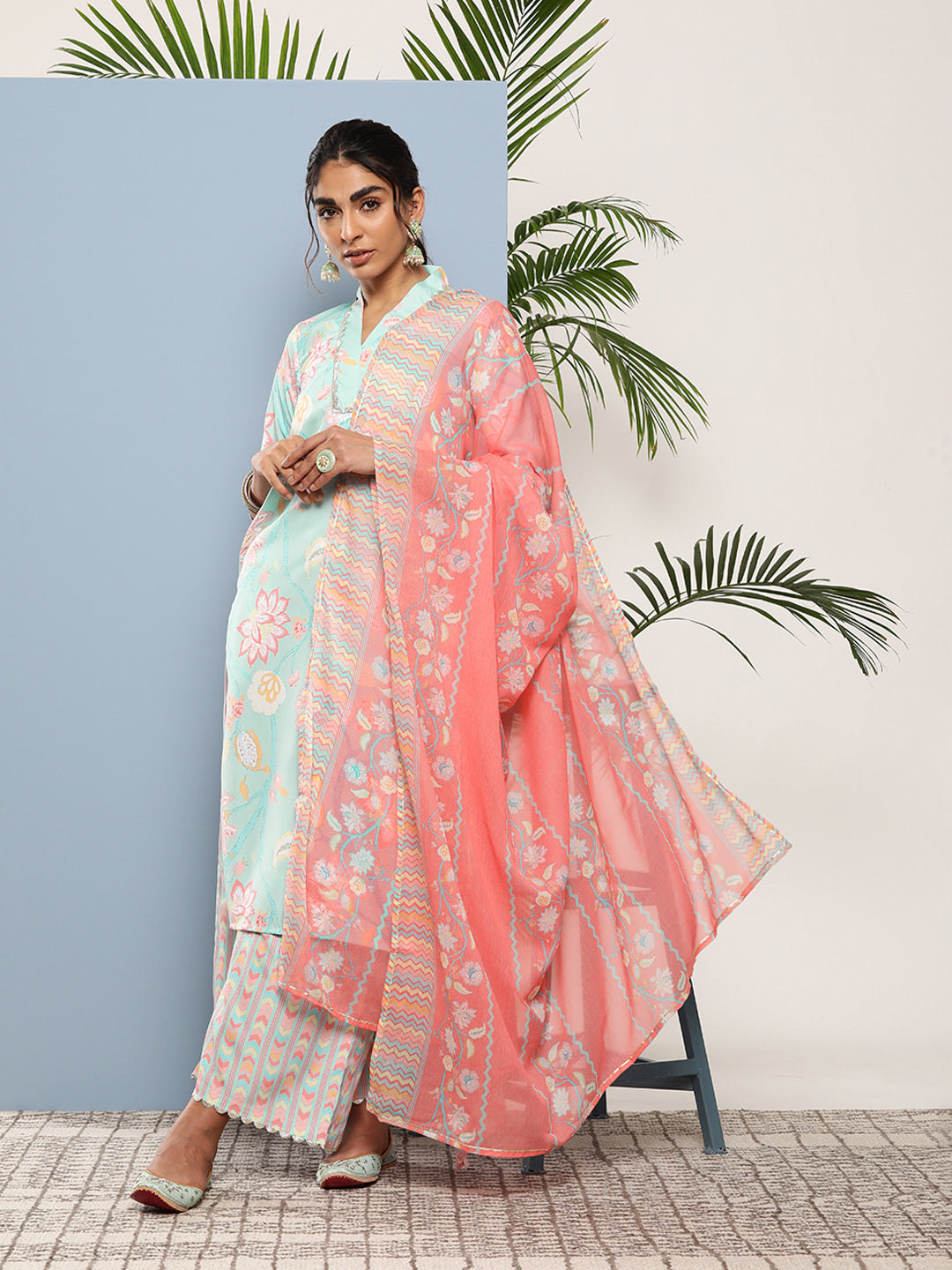 Blue Floral Printed Gotta Patti Kurta with Palazzos & With Dupatta