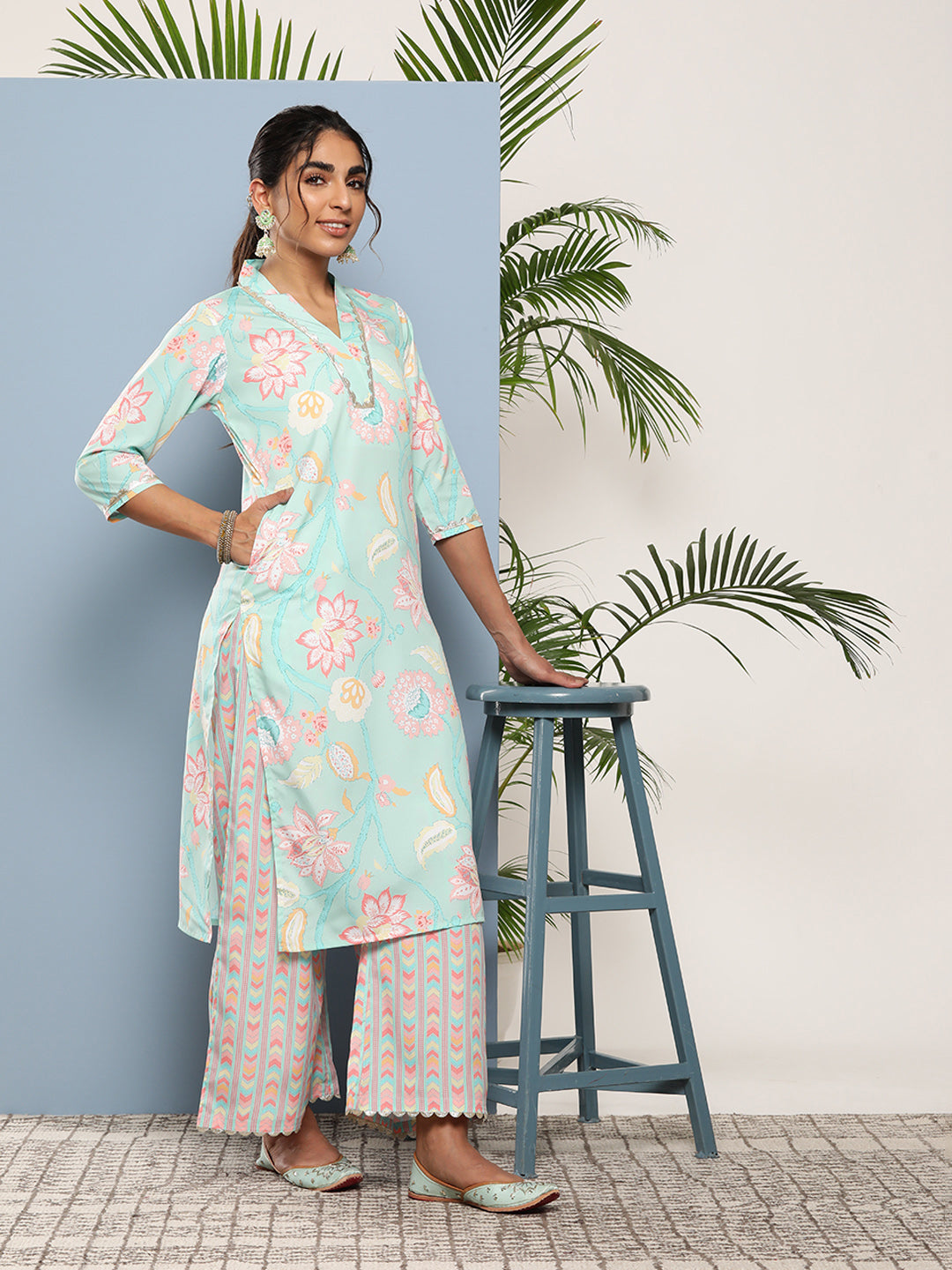 Blue Floral Printed Gotta Patti Kurta with Palazzos & With Dupatta